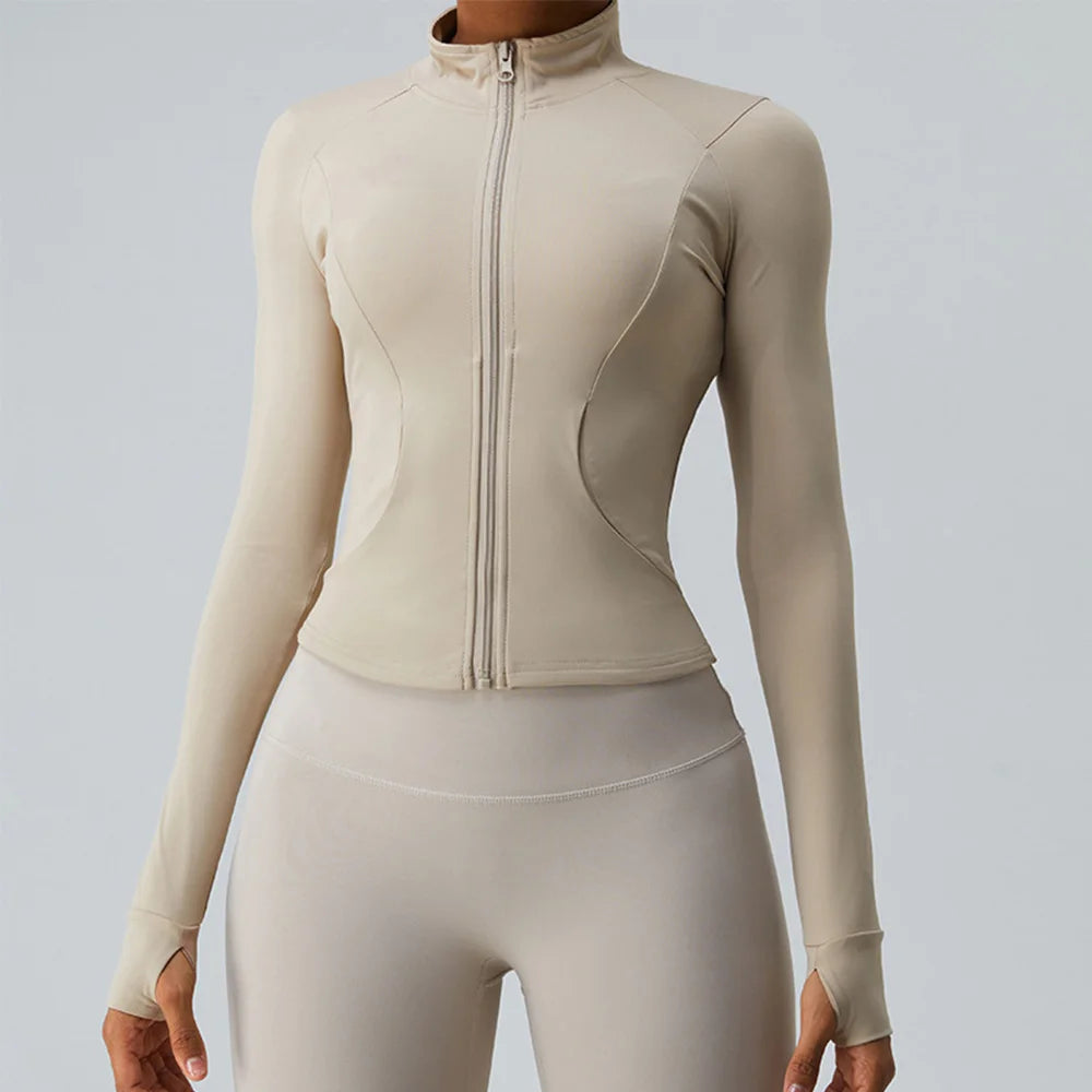 Gym Shirt Women's Full Zipper Yoga Top With Thumbholes Fitness Running Jacket Stretch Fit Long Sleeve Round Neck Top Sportswear