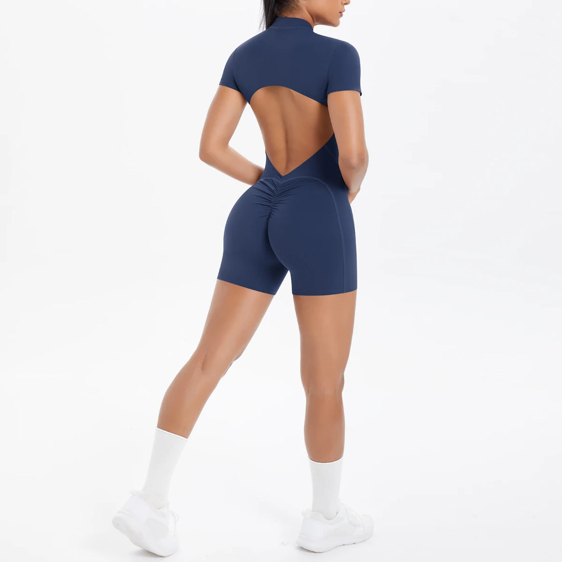 Short Sleeve Backless Zip Romper