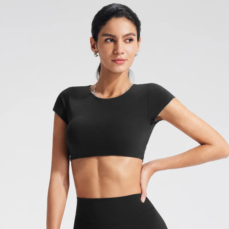 NCLAGEN Women's Yoga T-shirt Short Sleeves Built-in Bra Backless Fitness Top Beautiful Back Gym Clothes Form-fitting Running Tee