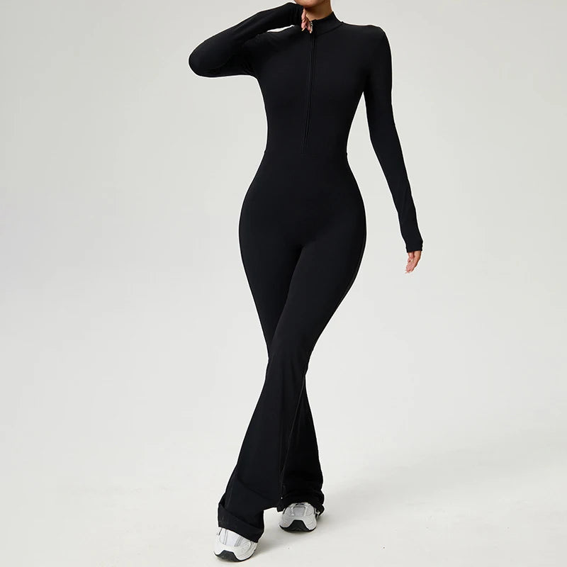 Zip Front Long Sleeve Flare Jumpsuit