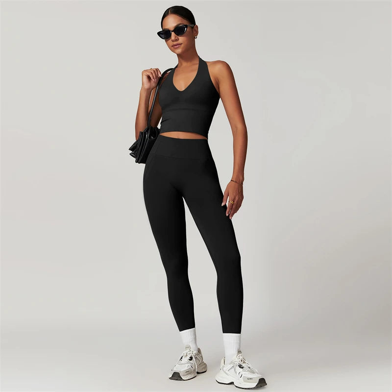 2 Pieces Women Yoga Set Workout Sportswear Gym Clothing Fitness Short Sleeve Crop Top High Waist Leggings Sport Suits