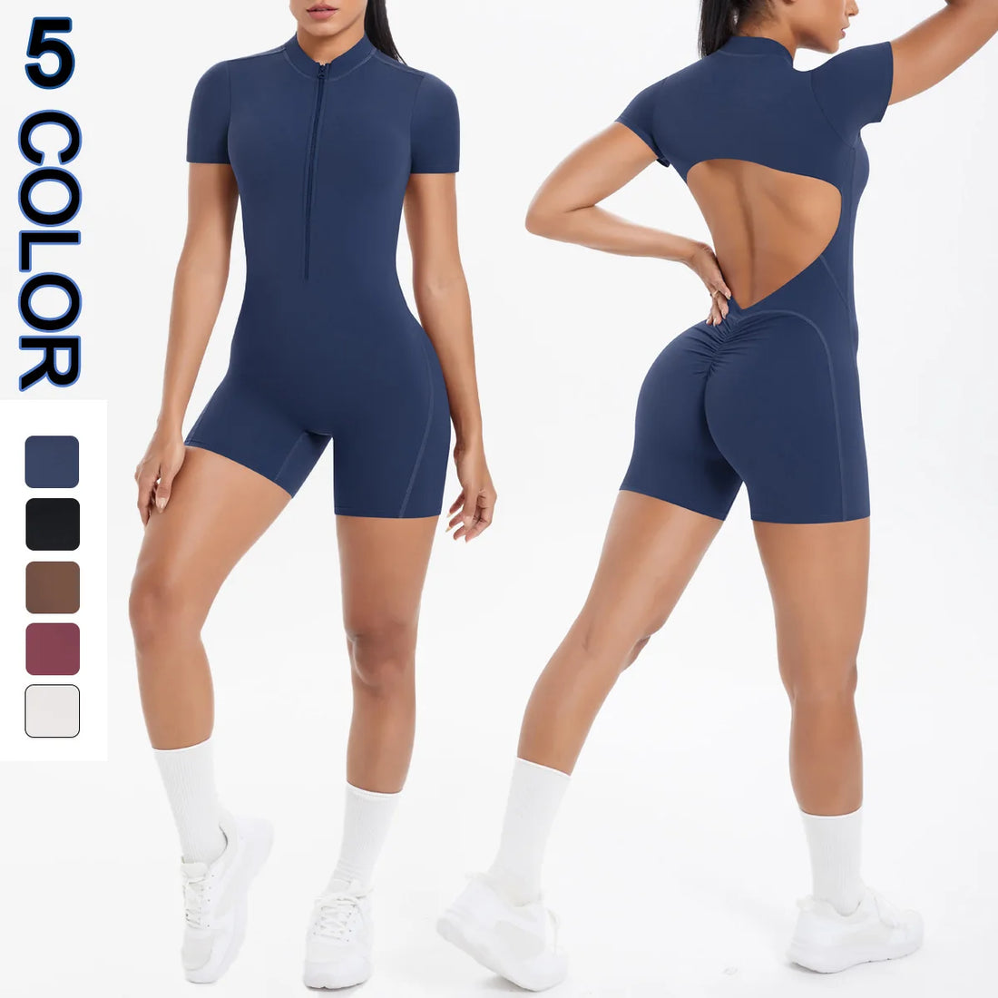 Short Sleeve Backless Zip Romper