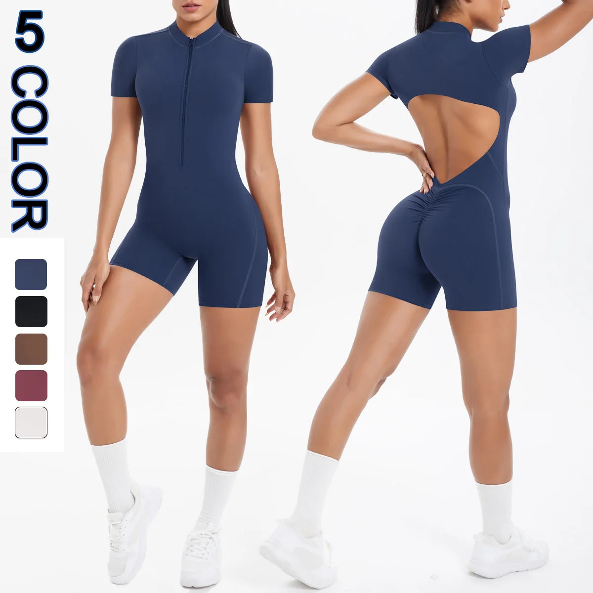 Short Sleeve Backless Zip Romper