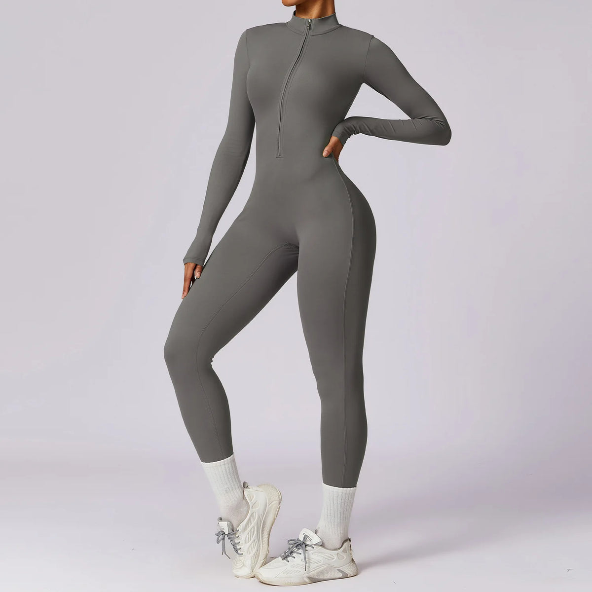 Ribbed Zip Long Sleeve Jumpsuit