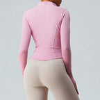 Gym Shirt Women's Full Zipper Yoga Top With Thumbholes Fitness Running Jacket Stretch Fit Long Sleeve Round Neck Top Sportswear