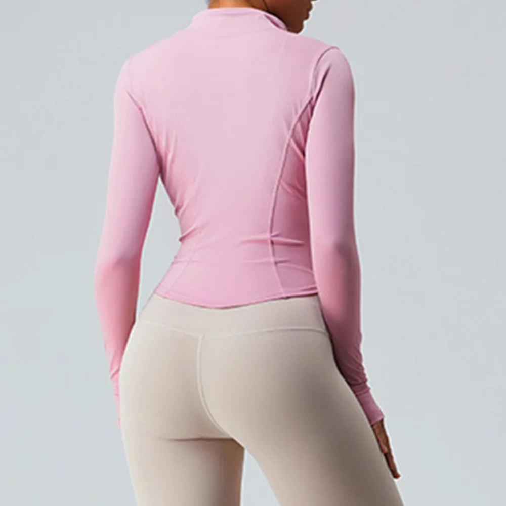 Gym Shirt Women's Full Zipper Yoga Top With Thumbholes Fitness Running Jacket Stretch Fit Long Sleeve Round Neck Top Sportswear