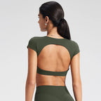 NCLAGEN Women's Yoga T-shirt Short Sleeves Built-in Bra Backless Fitness Top Beautiful Back Gym Clothes Form-fitting Running Tee