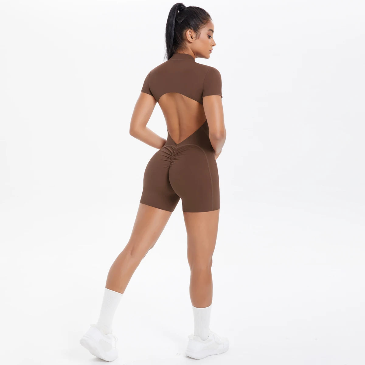 Short Sleeve Backless Zip Romper
