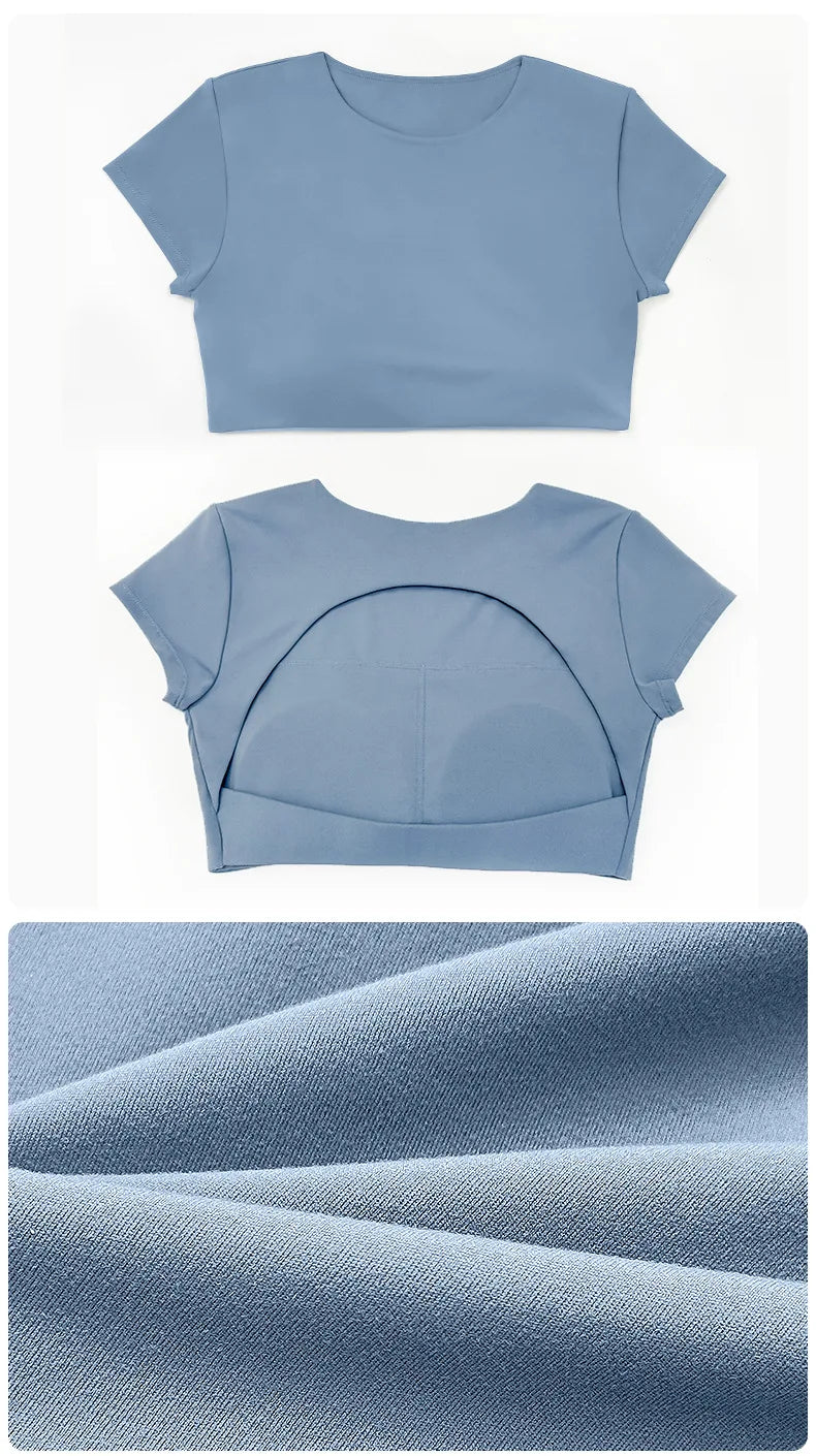 NCLAGEN Women's Yoga T-shirt Short Sleeves Built-in Bra Backless Fitness Top Beautiful Back Gym Clothes Form-fitting Running Tee