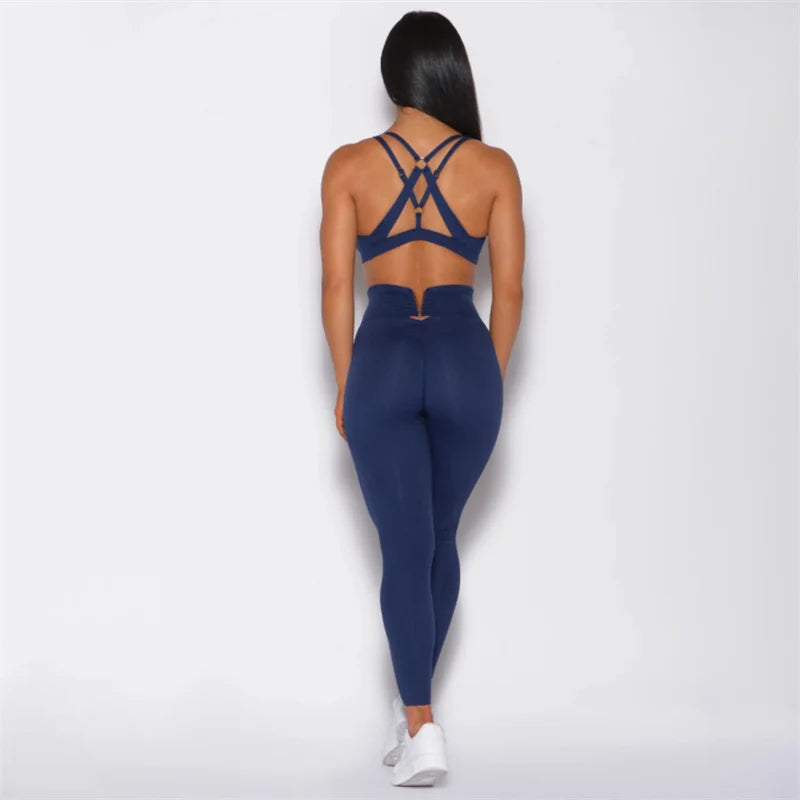SVEIC Women's Tracksuit V Back Leggings Fitness Yoga Sets Sports Bras Sportswear Training Workout Suits Top Gym Outfits Clothing