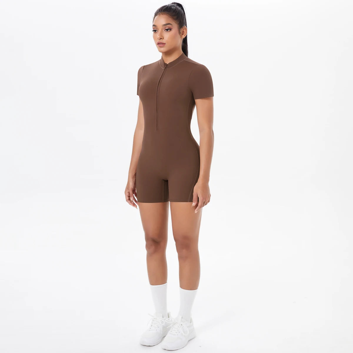 Short Sleeve Backless Zip Romper