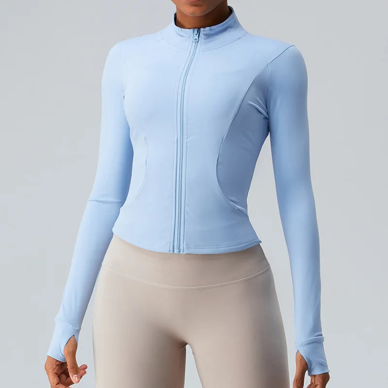 Gym Shirt Women's Full Zipper Yoga Top With Thumbholes Fitness Running Jacket Stretch Fit Long Sleeve Round Neck Top Sportswear