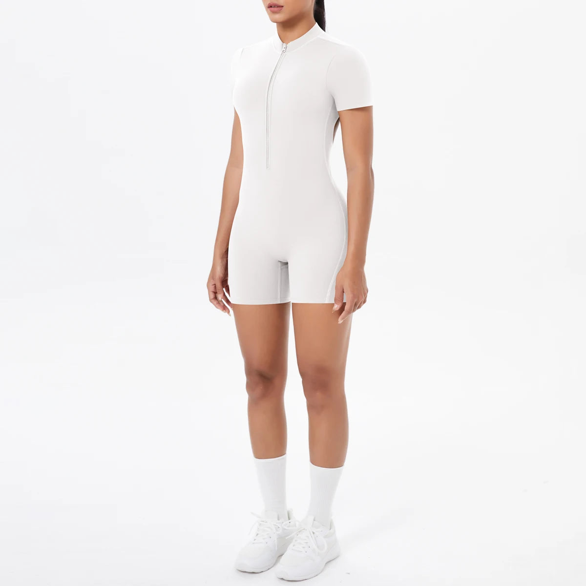 Short Sleeve Backless Zip Romper