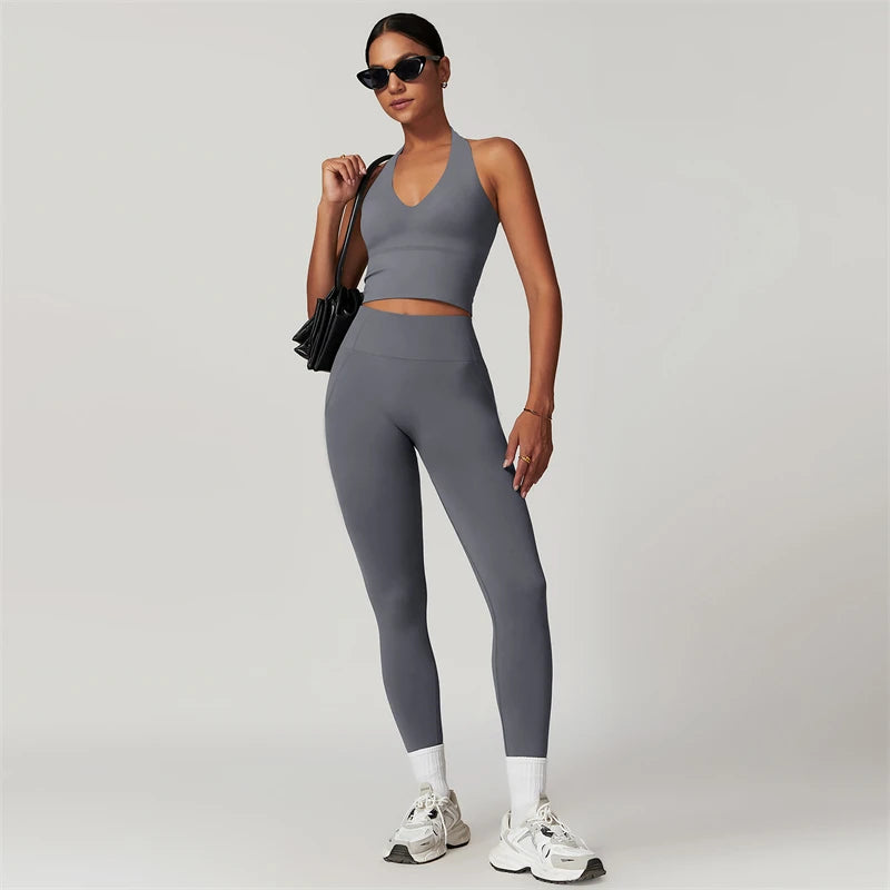2 Pieces Women Yoga Set Workout Sportswear Gym Clothing Fitness Short Sleeve Crop Top High Waist Leggings Sport Suits