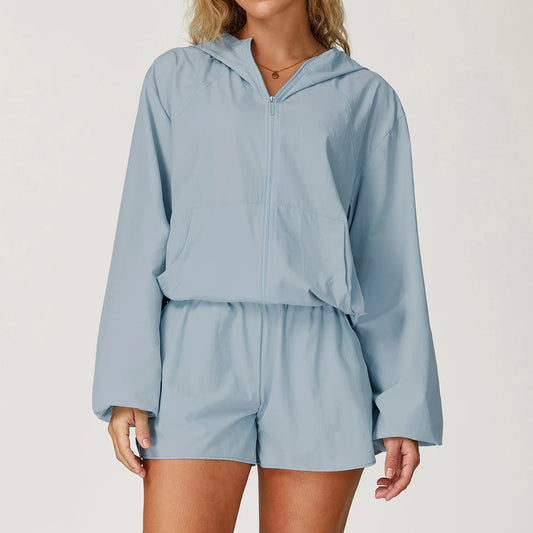 Outdoor Sports Women Long Sleeved Yoga Breathable hooded zipper UV resistant sunscreen jacket Top Clothes Quick Dry Zipper Jacke