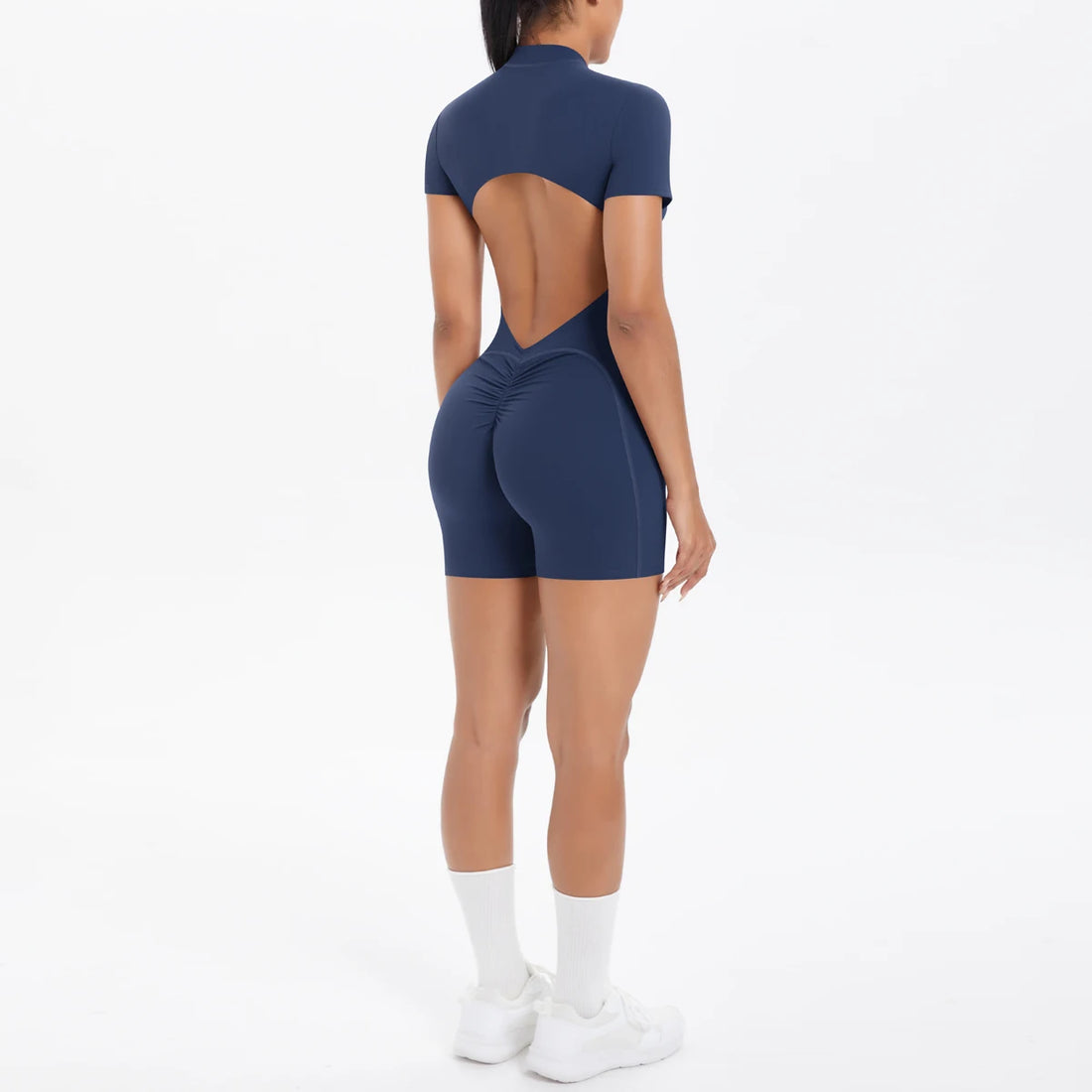 Short Sleeve Backless Zip Romper