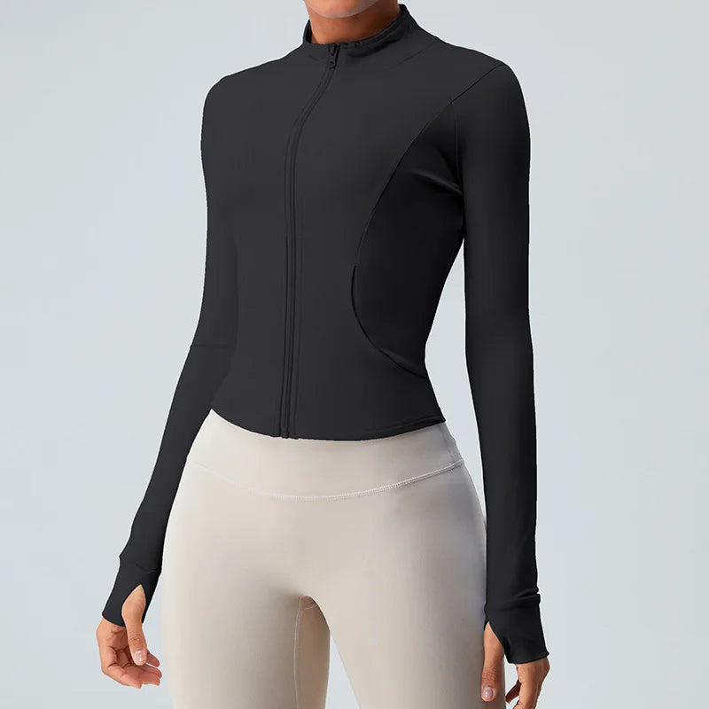 Gym Shirt Women's Full Zipper Yoga Top With Thumbholes Fitness Running Jacket Stretch Fit Long Sleeve Round Neck Top Sportswear