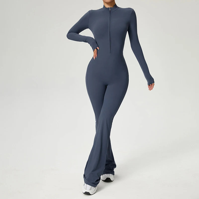 Zip Front Long Sleeve Flare Jumpsuit
