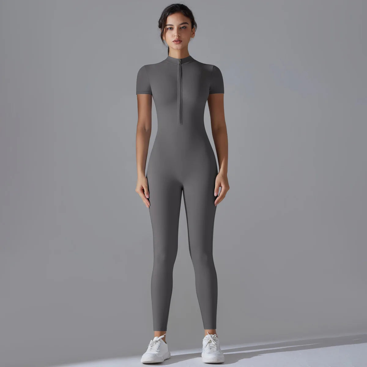 Short Sleeve Zip Front Jumpsuit