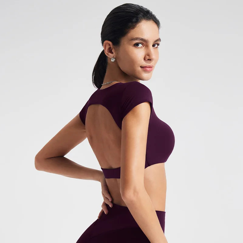 NCLAGEN Women's Yoga T-shirt Short Sleeves Built-in Bra Backless Fitness Top Beautiful Back Gym Clothes Form-fitting Running Tee