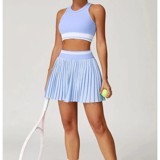 2PCS Women Yoga Set Solid Color Gym Sports Bra Pockets High Waisted Tennis Skirt Sports Suit Breathable Quick Dry Short Sportswe