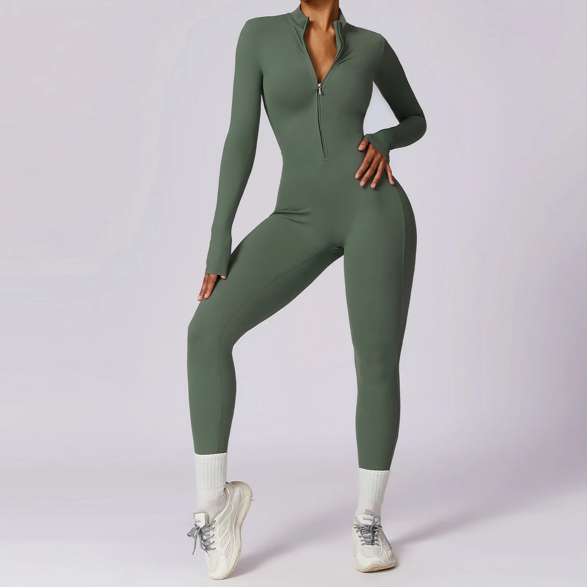 Ribbed Zip Long Sleeve Jumpsuit