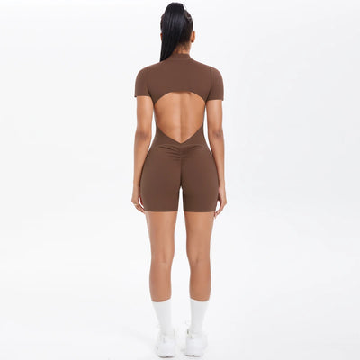 Short Sleeve Backless Zip Romper