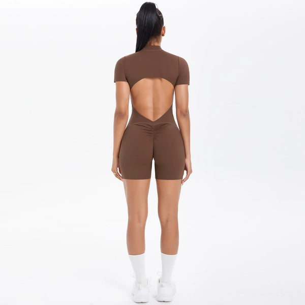 Short Sleeve Backless Zip Romper