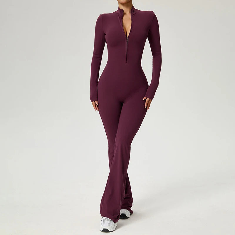 Zip Front Long Sleeve Flare Jumpsuit