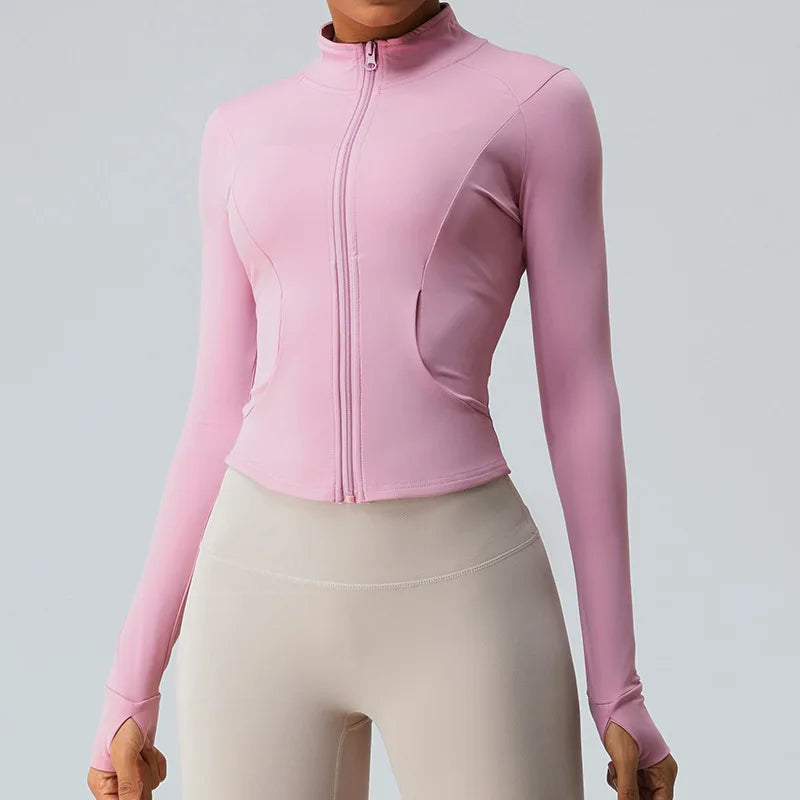 Gym Shirt Women's Full Zipper Yoga Top With Thumbholes Fitness Running Jacket Stretch Fit Long Sleeve Round Neck Top Sportswear