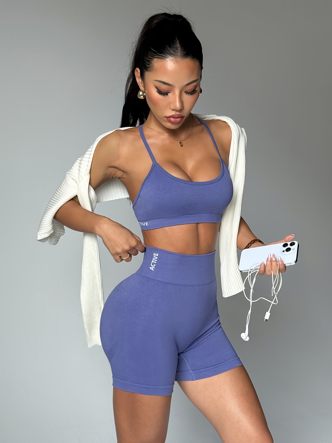 Conjunto de fitness de cor sólida, 2 peças, soutien desportivo e leggings de corrida de cintura alta para levantar o bumbum, roupa desportiva feminina