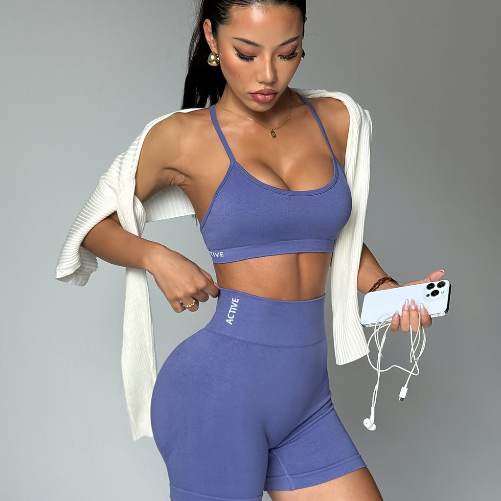 Solid Color Fitness Set - High Waist Leggings & Sports Bra