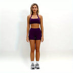 Conjunto de Roupa Esportiva de Yoga com Top Halter e Shorts Justos de Cintura Alta, 2 peças, Roupa de Treino de Fitness para Corrida e Ciclismo de Verão Feminina, Roupa de Ginástica Confortável Nude