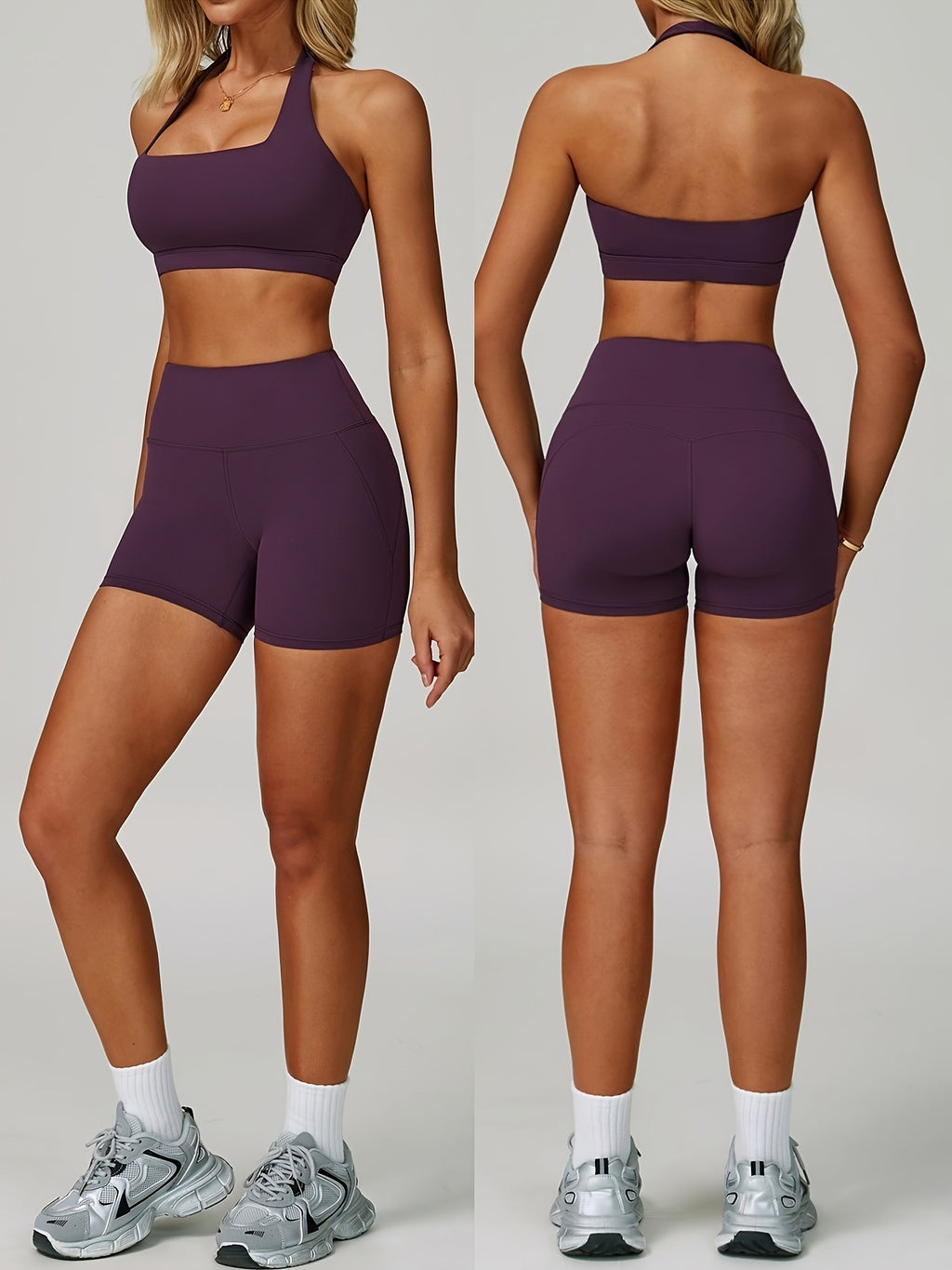 Conjunto de Roupa Esportiva de Yoga com Top Halter e Shorts Justos de Cintura Alta, 2 peças, Roupa de Treino de Fitness para Corrida e Ciclismo de Verão Feminina, Roupa de Ginástica Confortável Nude