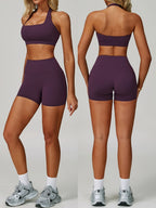 Conjunto de Roupa Esportiva de Yoga com Top Halter e Shorts Justos de Cintura Alta, 2 peças, Roupa de Treino de Fitness para Corrida e Ciclismo de Verão Feminina, Roupa de Ginástica Confortável Nude