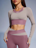 2 peças Conjunto esportivo feminino com design colorblock, mangas compridas e sutiã embutido + leggings combináveis - Ideal para ciclismo, fitness, yoga e corrida