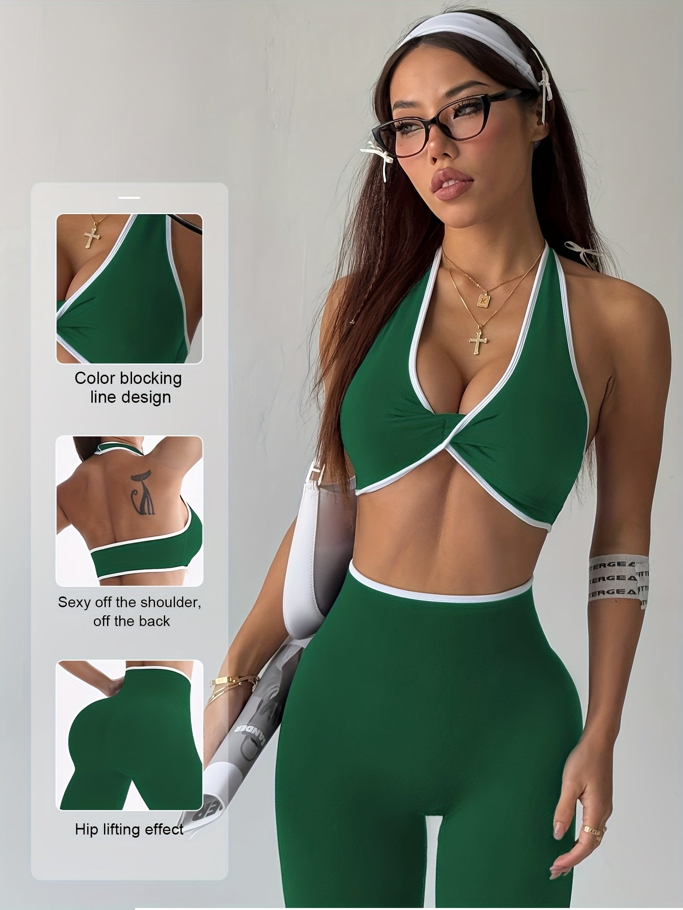 Conjunto de Yoga Esportivo Feminino Primavera-Verão com Sutiã e Calças Longas Modeladoras, Cintura Alta Levanta Bumbum Controle Abdominal, Leggings Sexy Sem Costuras sem Costas Branco Bordado para Uso Casual ao Ar Livre