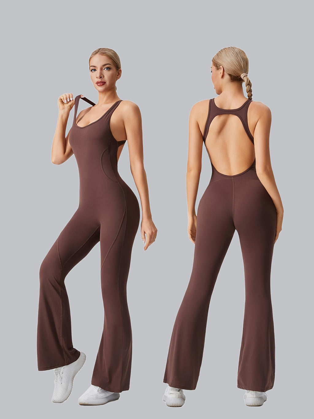 Macacão Esportivo Feminino Sem Mangas com Sutiã Removível e Almofada, Alta Elasticidade para Atividades ao Ar Livre (Preto Marrom Azul Escuro)
