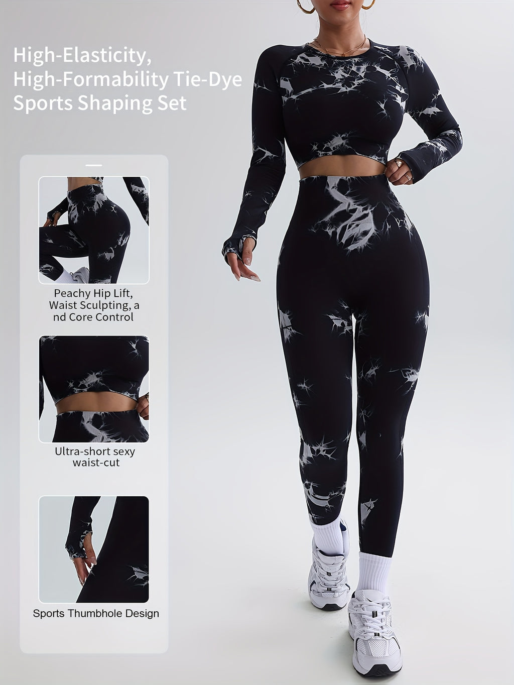 Conjunto de Desporto Modelador Tie-Dye de Alta Elasticidade e Formato para Mulher, 2 peças - Levanta Anca, Esculpir a Cintura, Correção do Core, Corte de Cintura Ultra Curto, Design Desportivo com Orifício para o Polegar