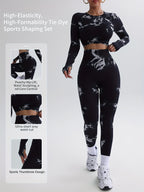 Conjunto de Desporto Modelador Tie-Dye de Alta Elasticidade e Formato para Mulher, 2 peças - Levanta Anca, Esculpir a Cintura, Correção do Core, Corte de Cintura Ultra Curto, Design Desportivo com Orifício para o Polegar