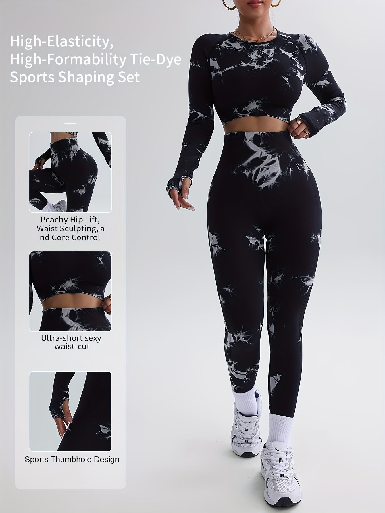 Conjunto de Desporto Modelador Tie-Dye de Alta Elasticidade e Formato para Mulher, 2 peças - Levanta Anca, Esculpir a Cintura, Correção do Core, Corte de Cintura Ultra Curto, Design Desportivo com Orifício para o Polegar