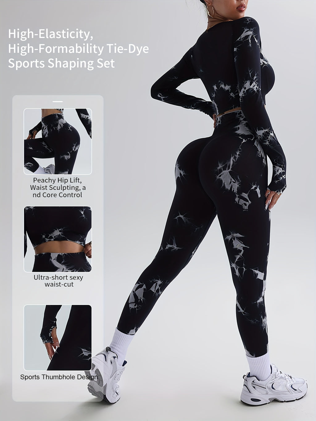 Conjunto de Desporto Modelador Tie-Dye de Alta Elasticidade e Formato para Mulher, 2 peças - Levanta Anca, Esculpir a Cintura, Correção do Core, Corte de Cintura Ultra Curto, Design Desportivo com Orifício para o Polegar