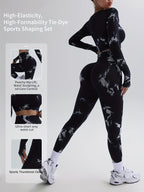 Conjunto de Desporto Modelador Tie-Dye de Alta Elasticidade e Formato para Mulher, 2 peças - Levanta Anca, Esculpir a Cintura, Correção do Core, Corte de Cintura Ultra Curto, Design Desportivo com Orifício para o Polegar