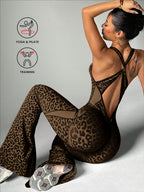 Macacão de Mulher com Estampado de Leopardo - Tecido Macio e Elástico, Decote em V Profundo e Calças em Efeito Flare, Conforto para Todas as Estações, Acolchoamento Removível no Peito, Looks Casuais a Formais